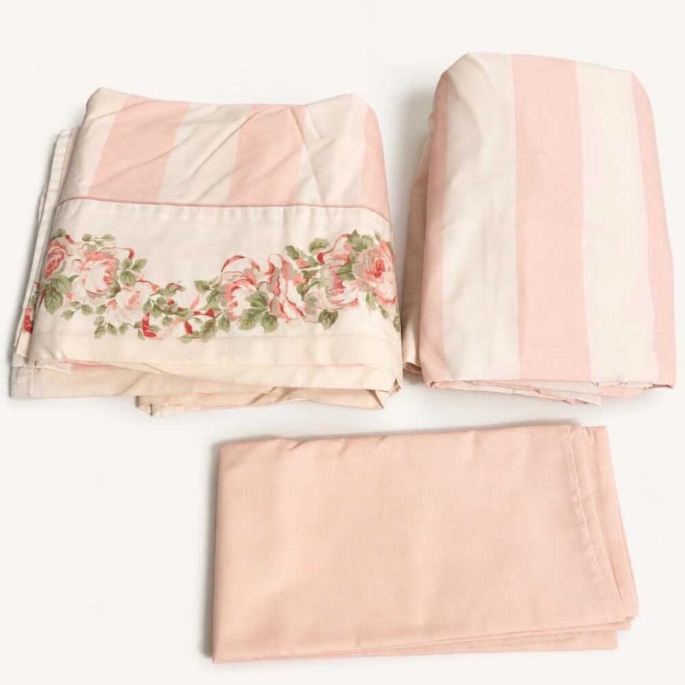 VTG Cotton Full Size Flat Sheet Strips Floral Cottagecore Home Collection Setof3